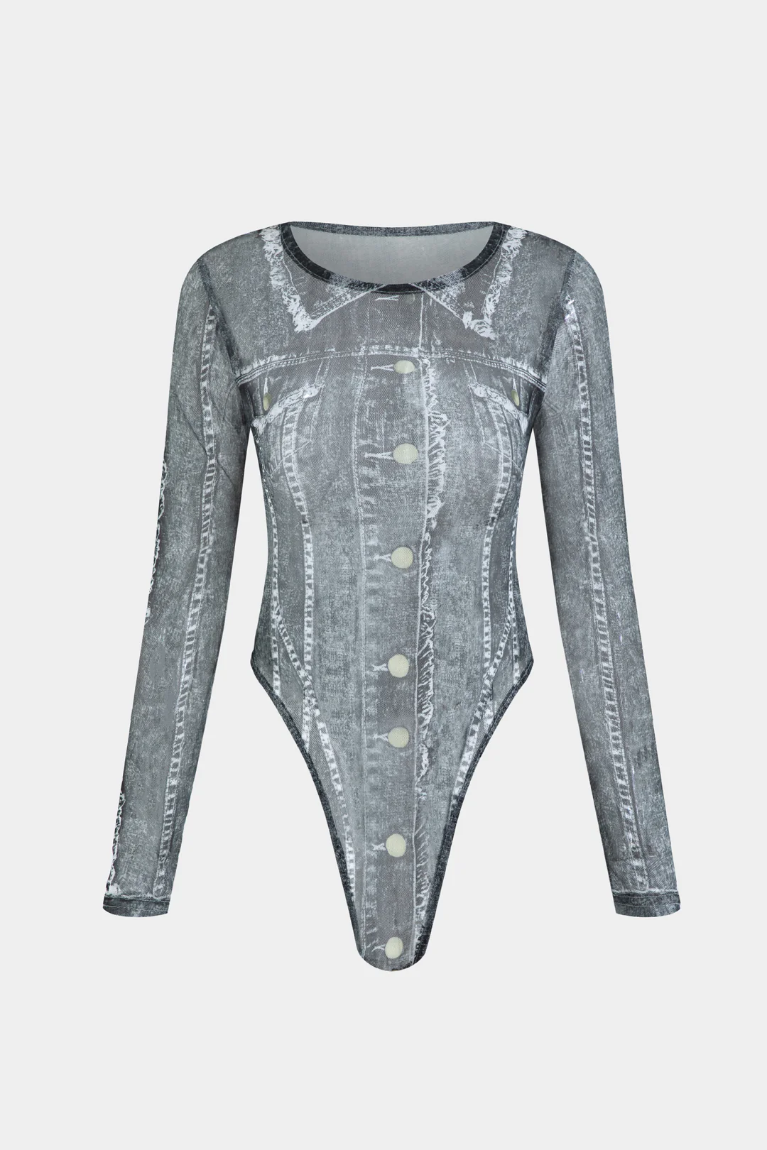 Mesh Fake Button Long Sleeve BodySuit  And Skirt Set