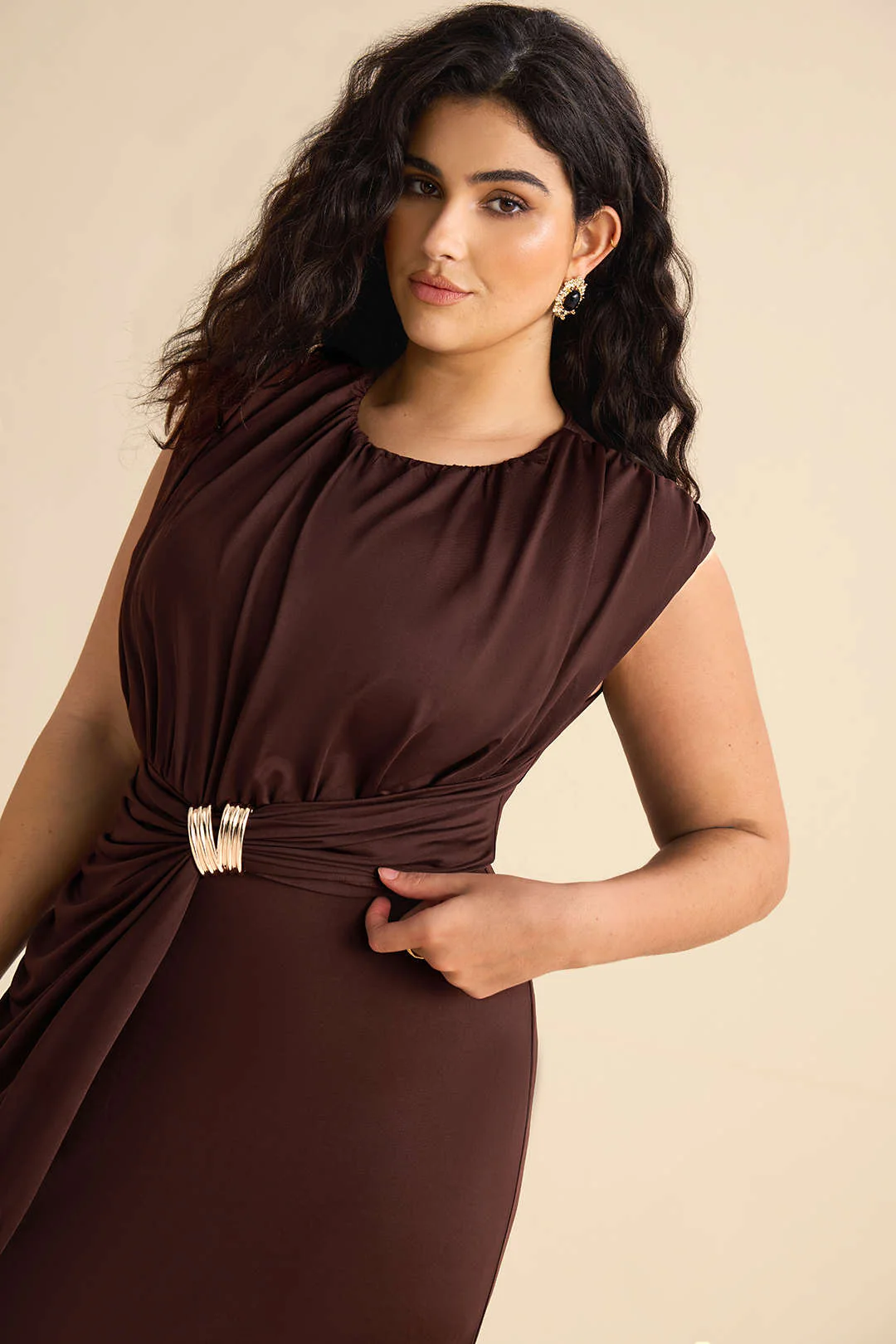 Plus Size Metallic Decorated Ruched Sleeveless Mid-length Dress