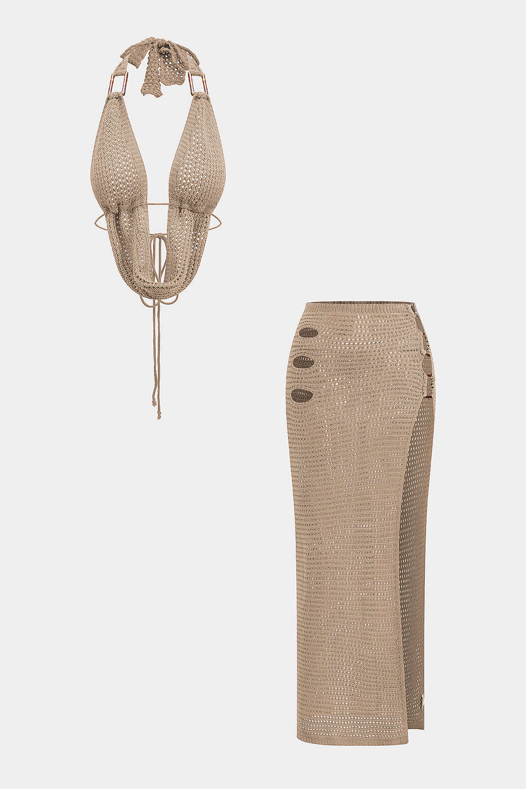 Knit Backless Tie Back Halter Top And High Slit Skirt Set