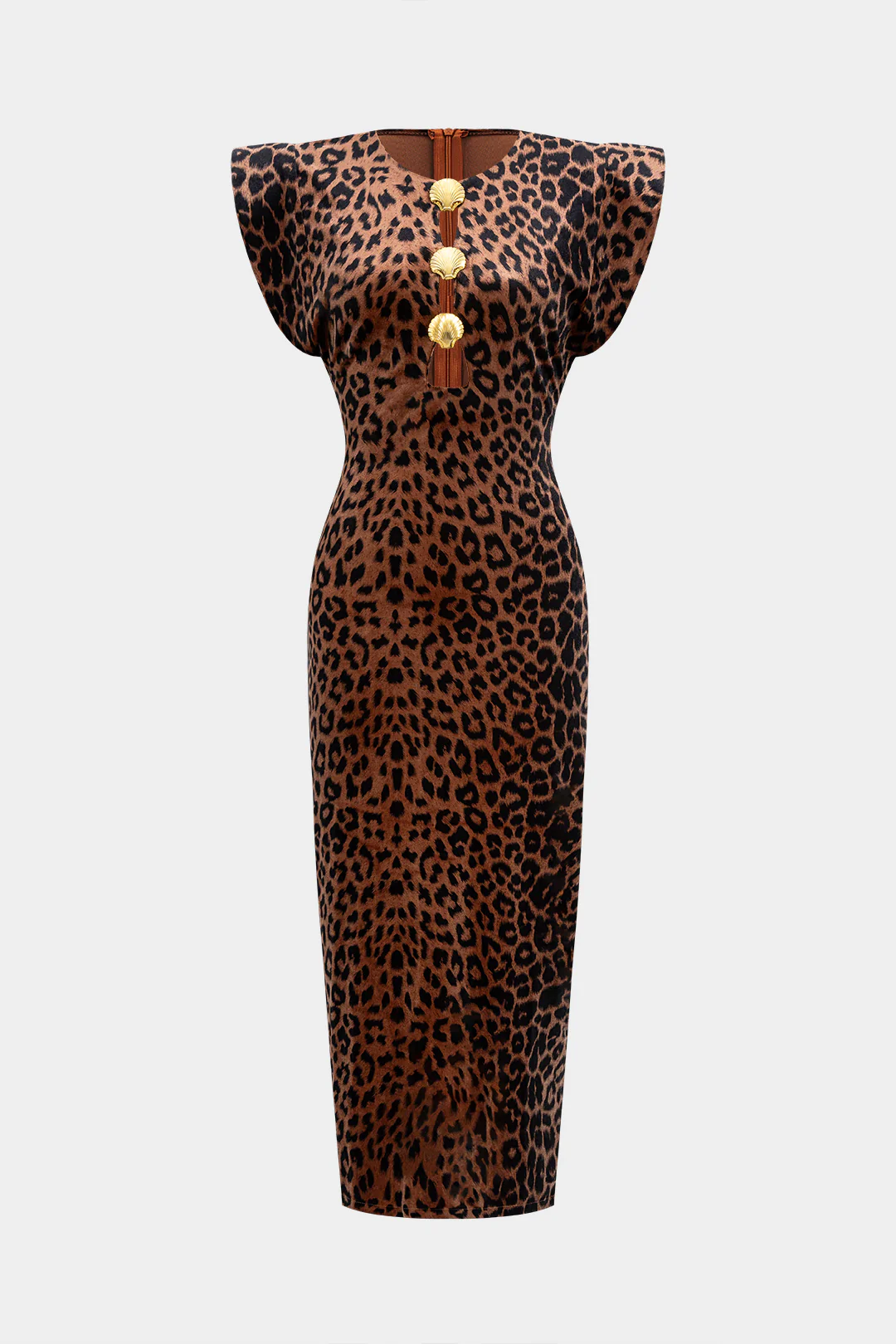 Leopard Print Metallic Decor Round Neck Zipper Short-Sleeve Maxi Dress