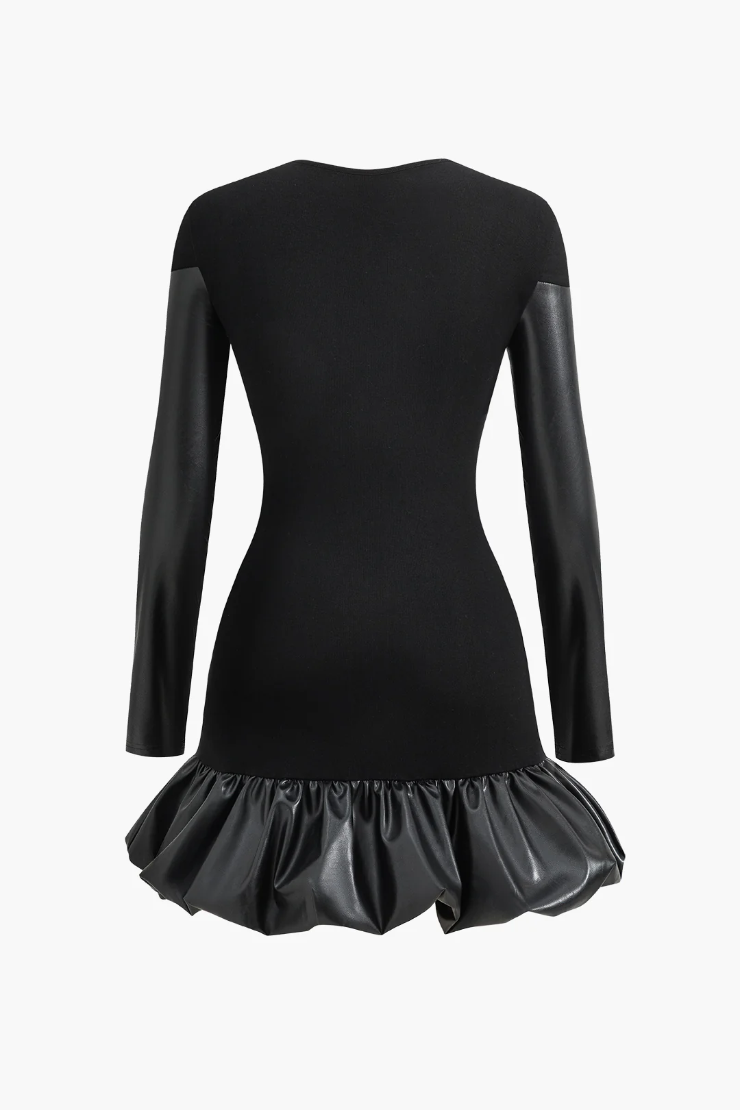 Faux Leather Round Neck Patchwork Short Dress