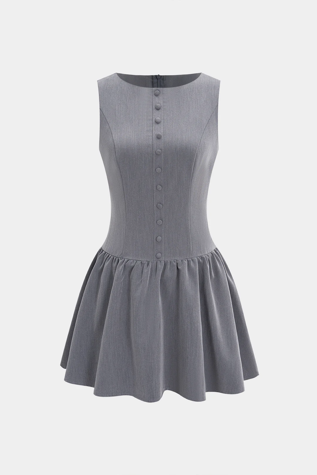 Button Ruched Zipper Detail Sleeveless Mini Dress