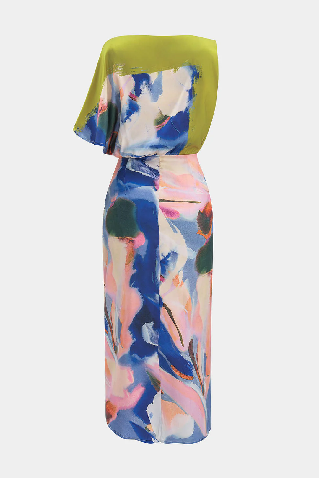 Abstract Pattern Satin Asymmetrical Short Sleeve Long Dress