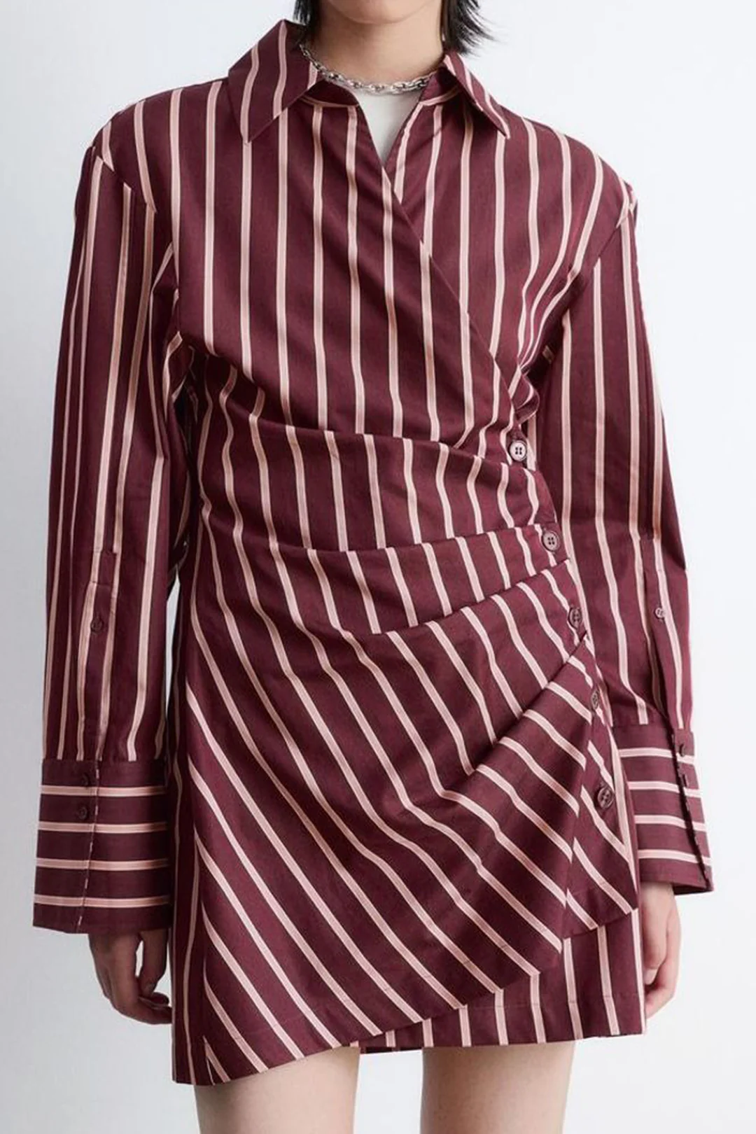 Stripes Print Button Ruched Long Sleeve Mini Dress