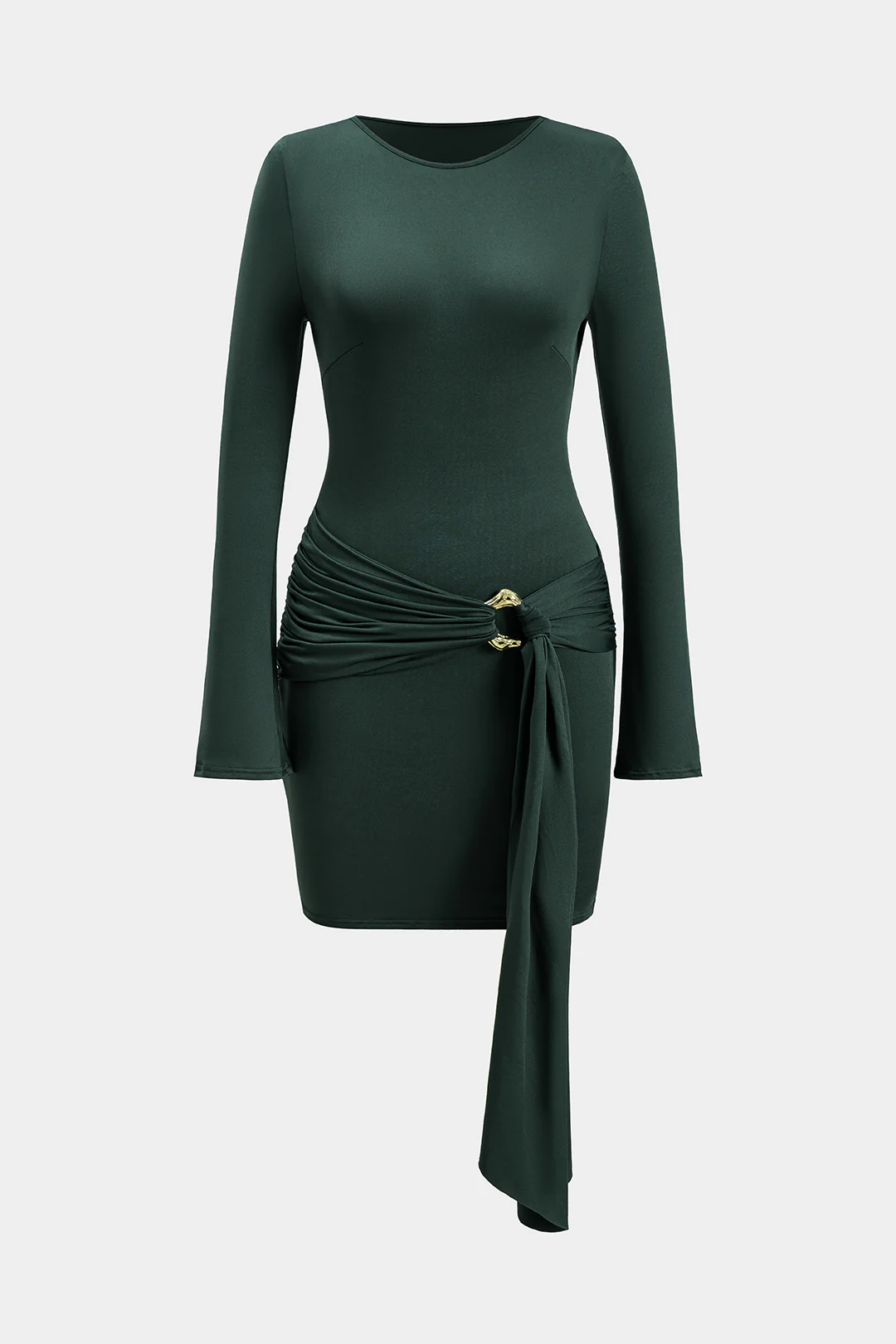 Metallic Ruched Strappy Knotted Long-Sleeved Mini Dress