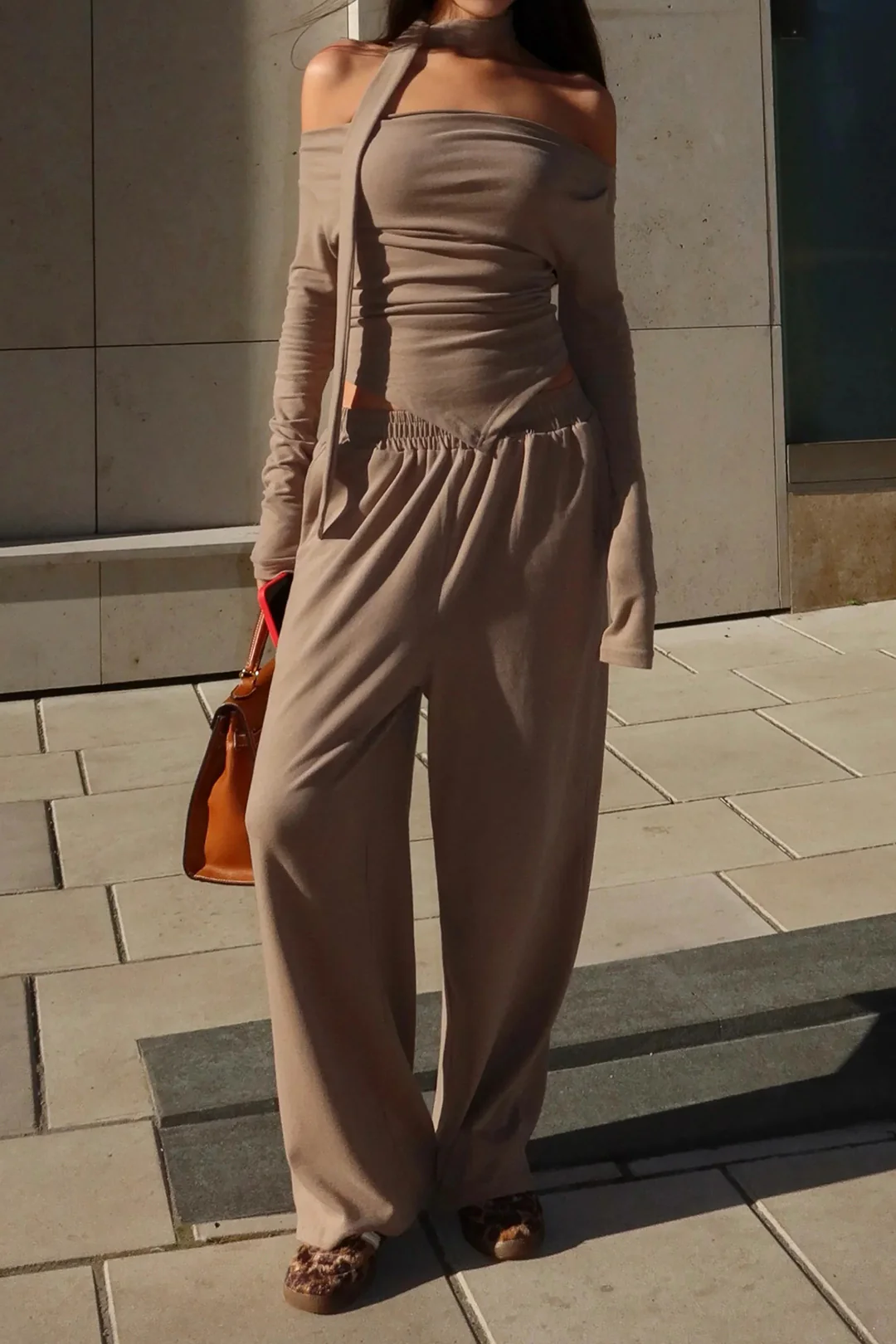 Solid Long Sleeve Top with Scarf and Ruched Wide Leg Trousers Outfit Set