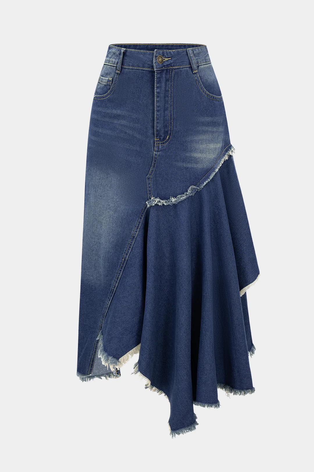 Denim Patchwork Asymmetrical Ruched Frayed Skirt