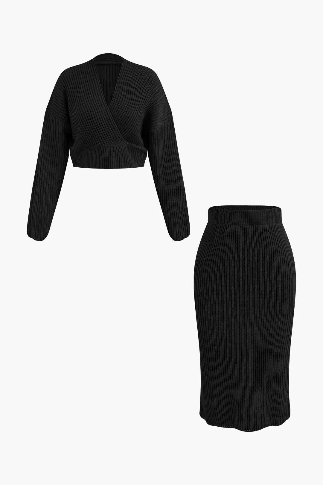 V-neck Long Sleeve Sweater and Skirt Set