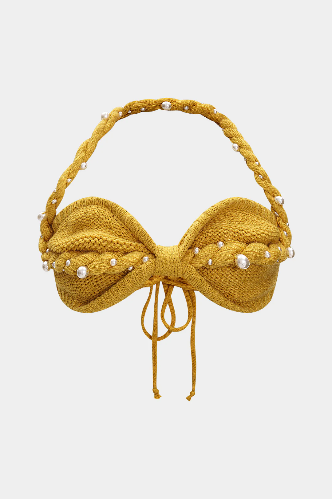 Plus Size Knitted Halter Neck Braided Pearl - Decorated Tie - Up Tank Top