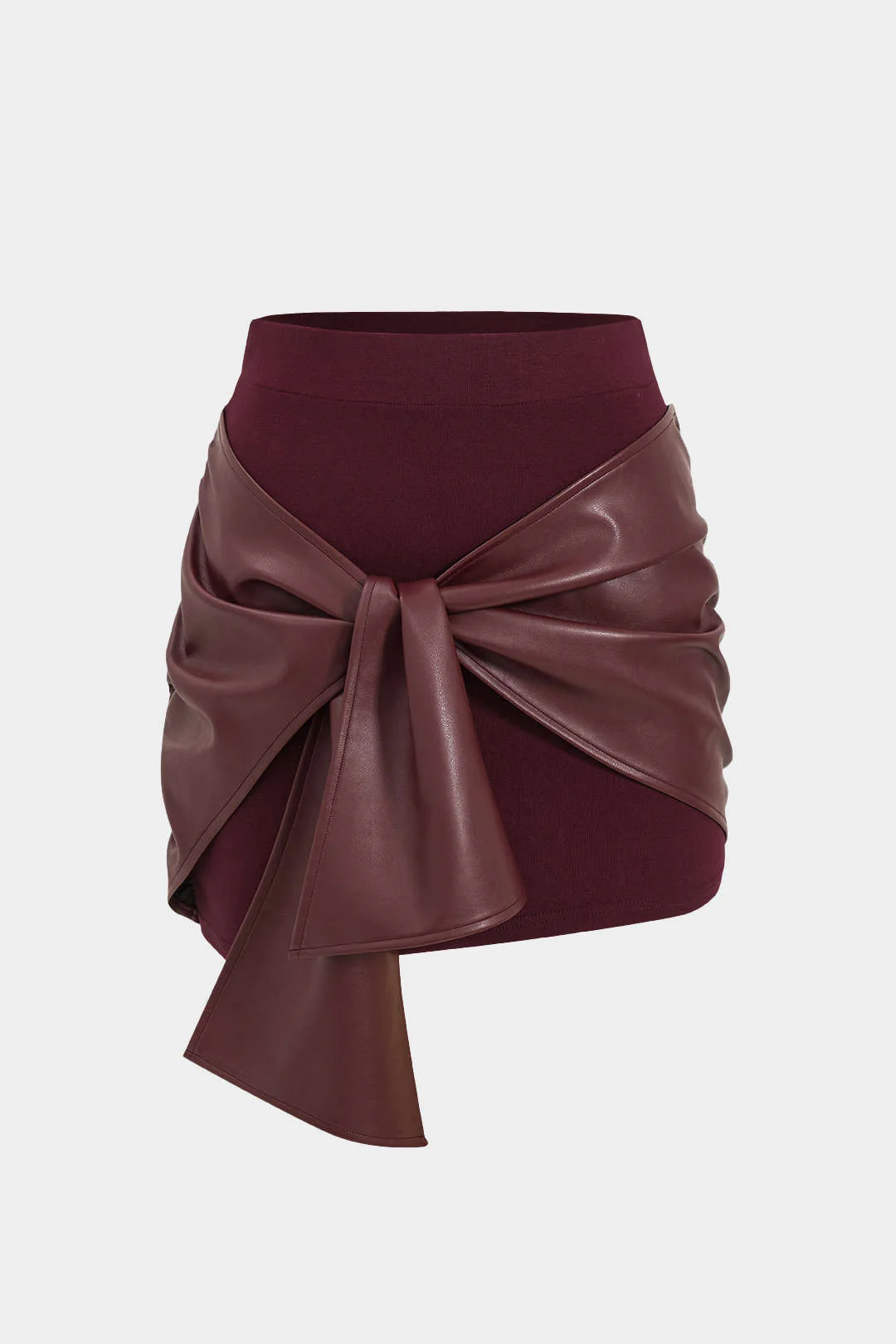 Patchwork Imitation Leather Tie Front Mini Skirt
