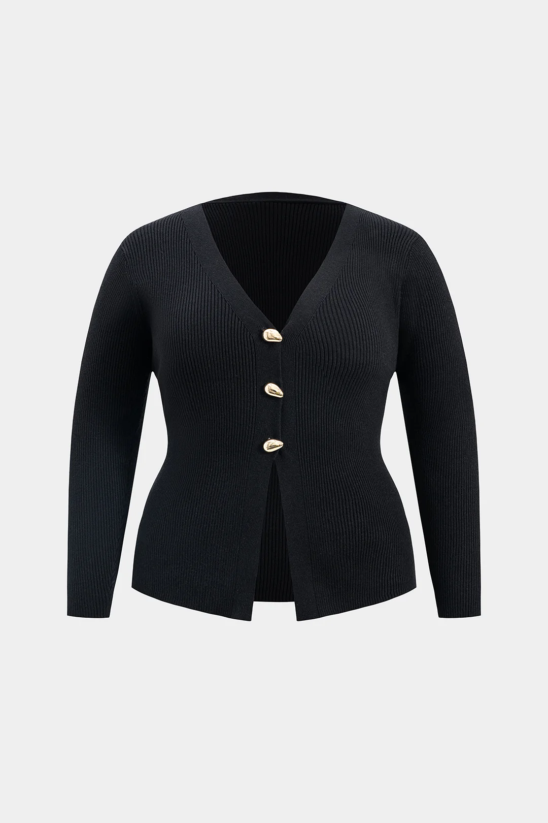 Plus Size Button Knit V-Neck Long-Sleeve Top