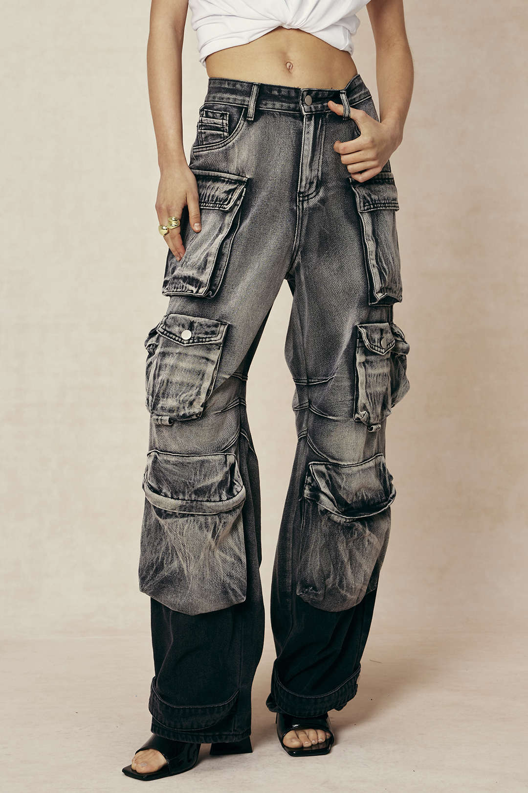 Ombre Multi-Pocket Wide-Leg Cargo Denim Trousers
