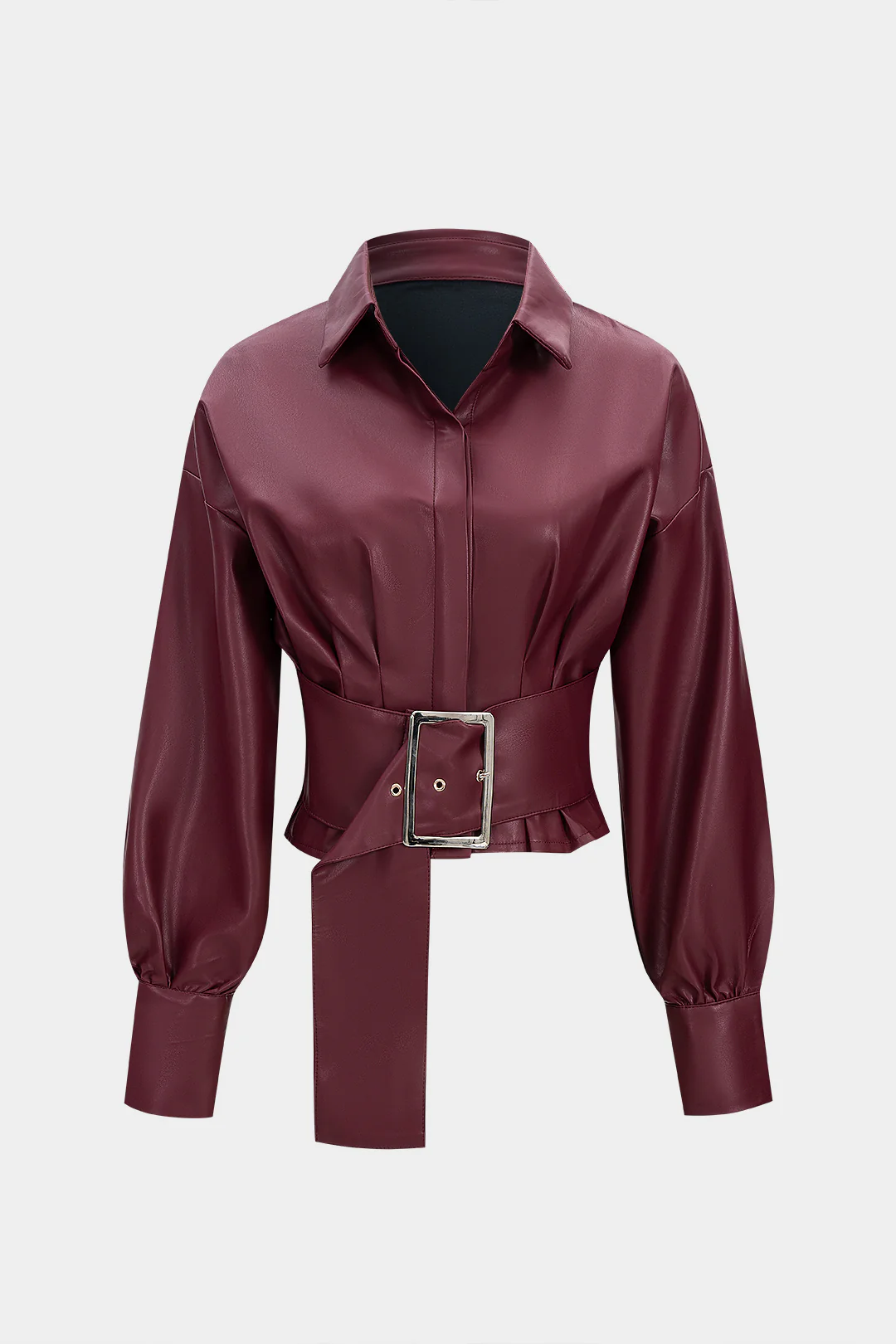 Faux Leather Pleated Belted Long-Sleeve Shirt