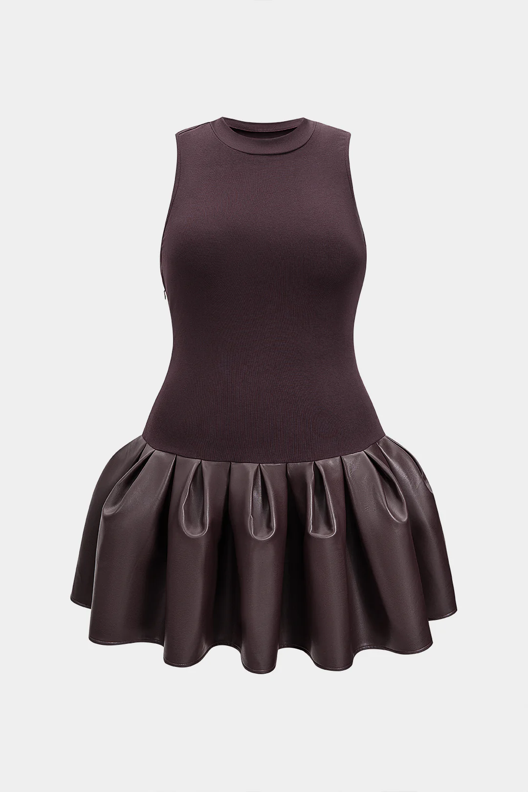 Plus Size Faux Leather Round Neck Ruched Sleeveless Mini Dress