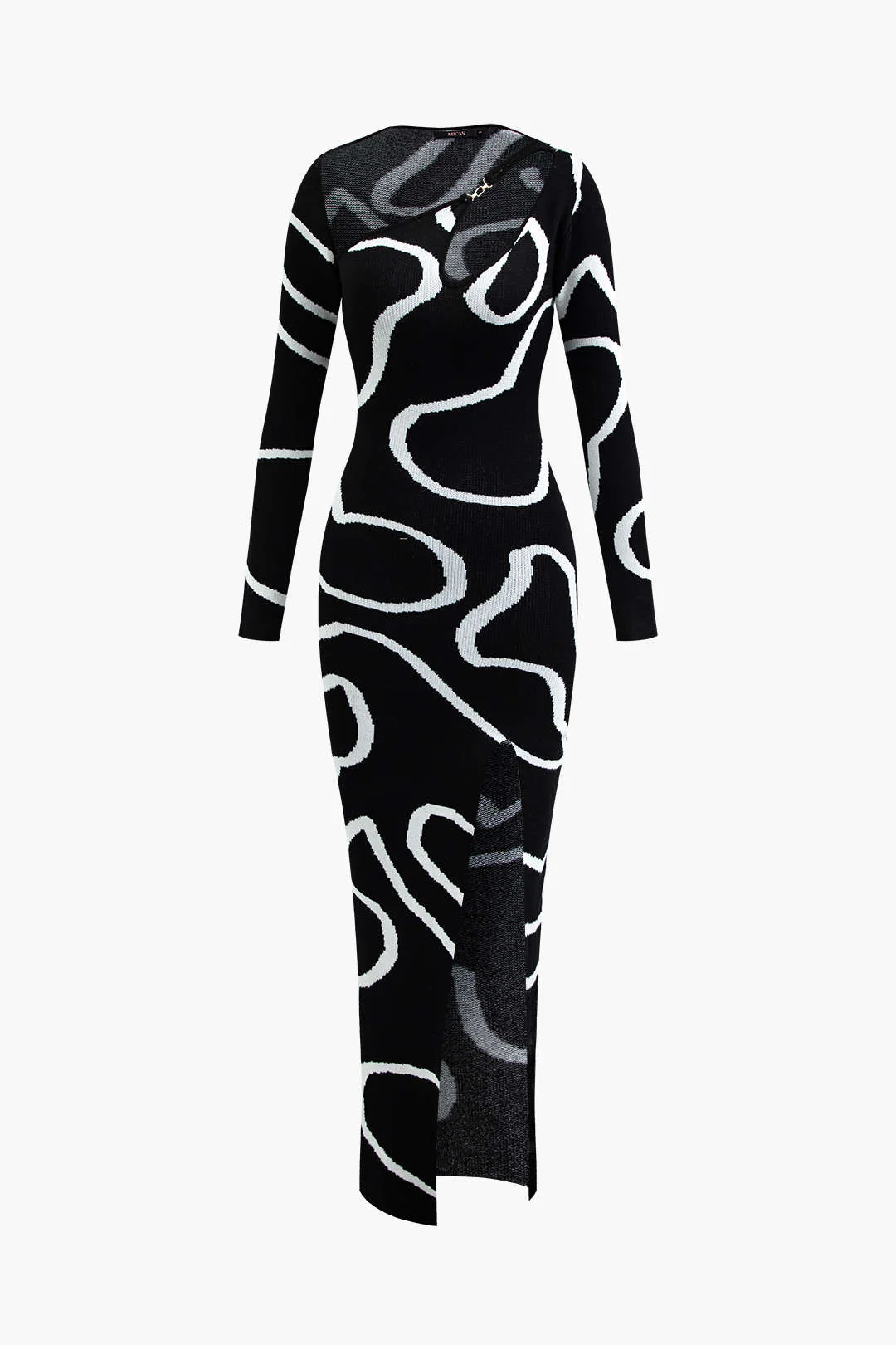 Line Pattern Cut-Out Slit Knit Maxi Dress