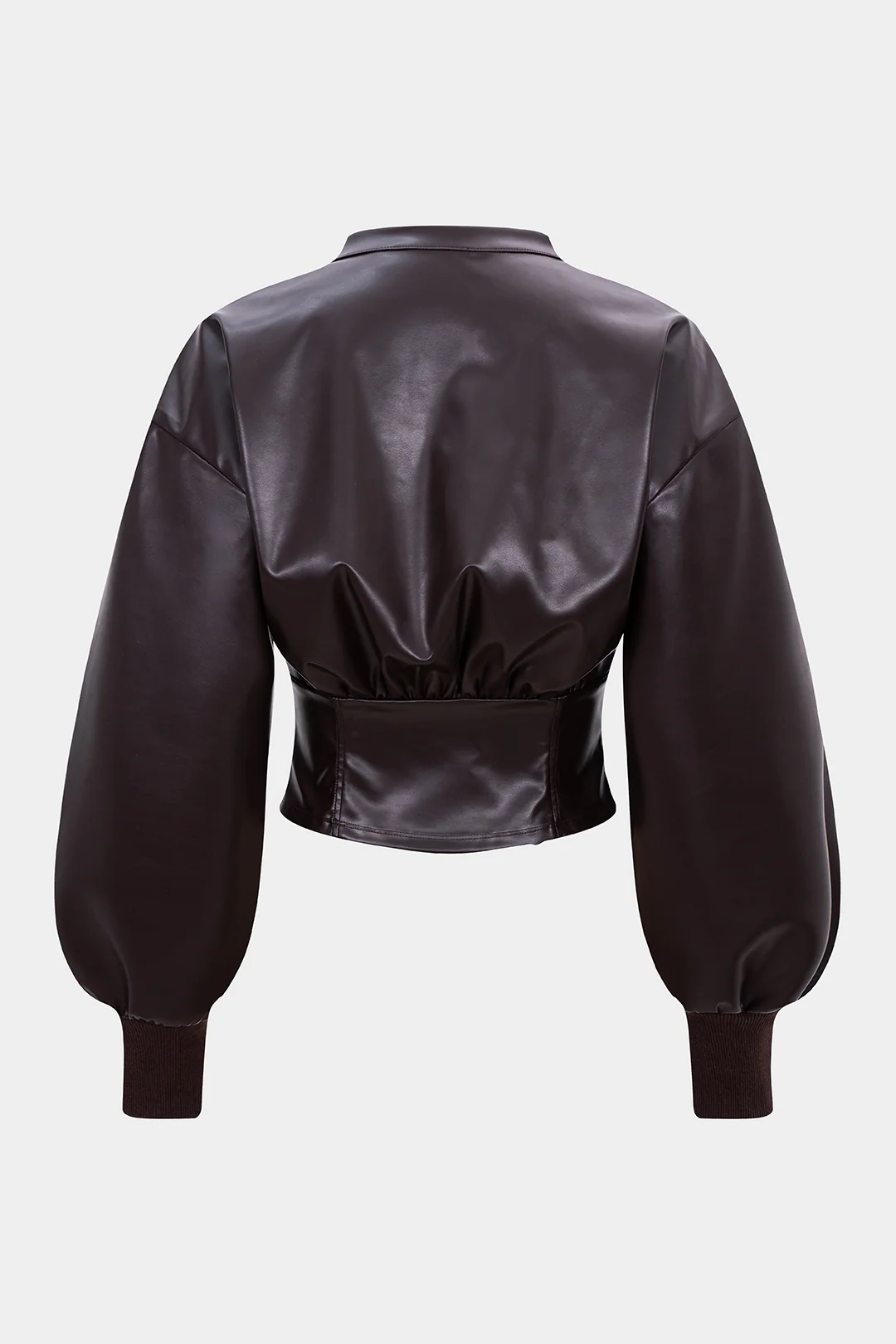 Faux Leather Zip-up V-Neck Long Sleeve Waist-Cinching Top