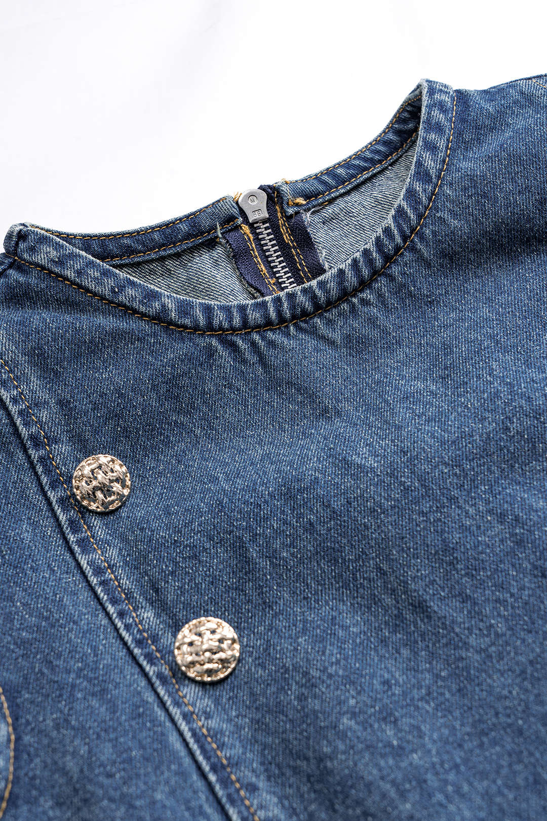 Denim Pleated Button Zipper Sleeveless Dress