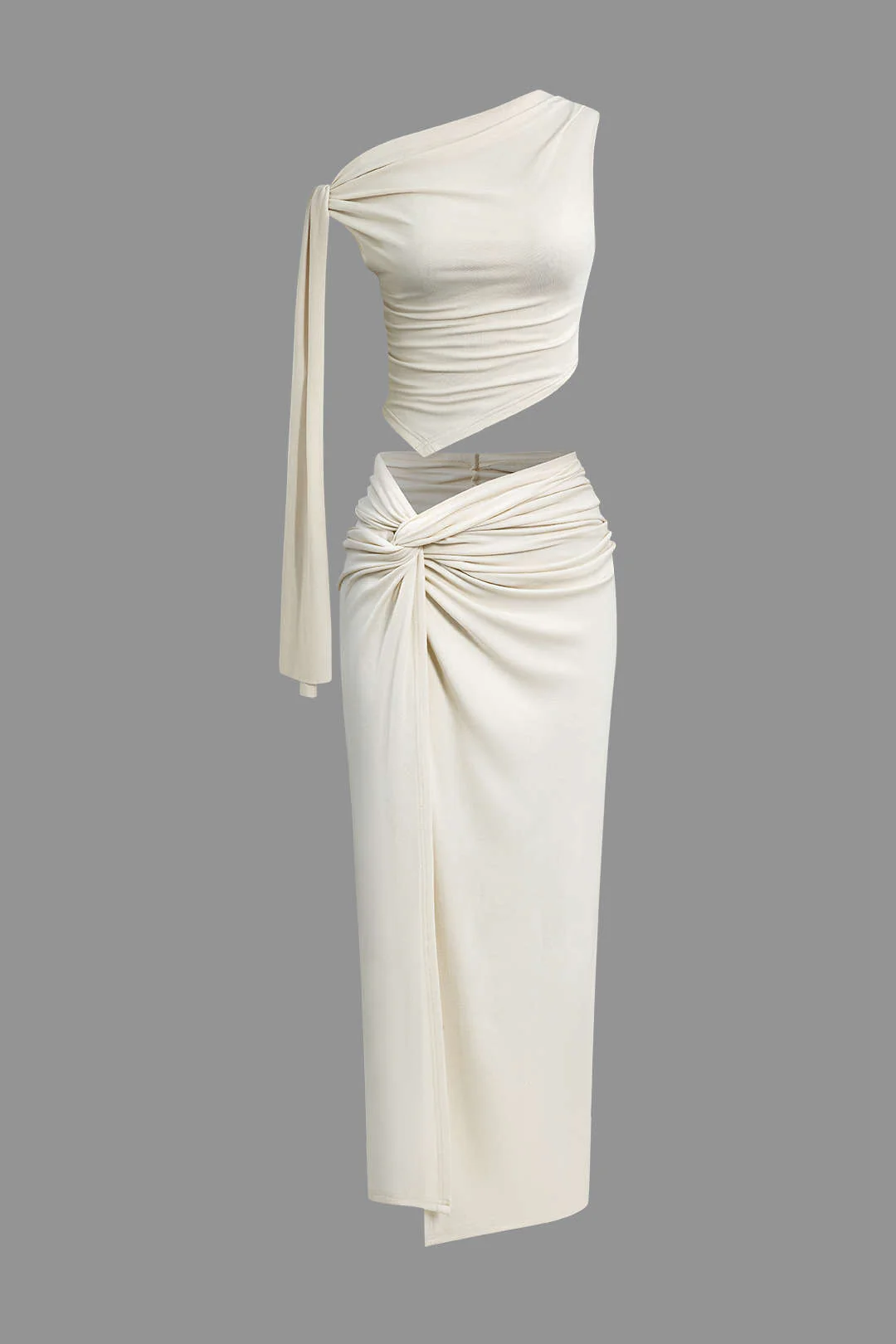 Solid Asymmetric Top and Twisted Slit Skirt Set