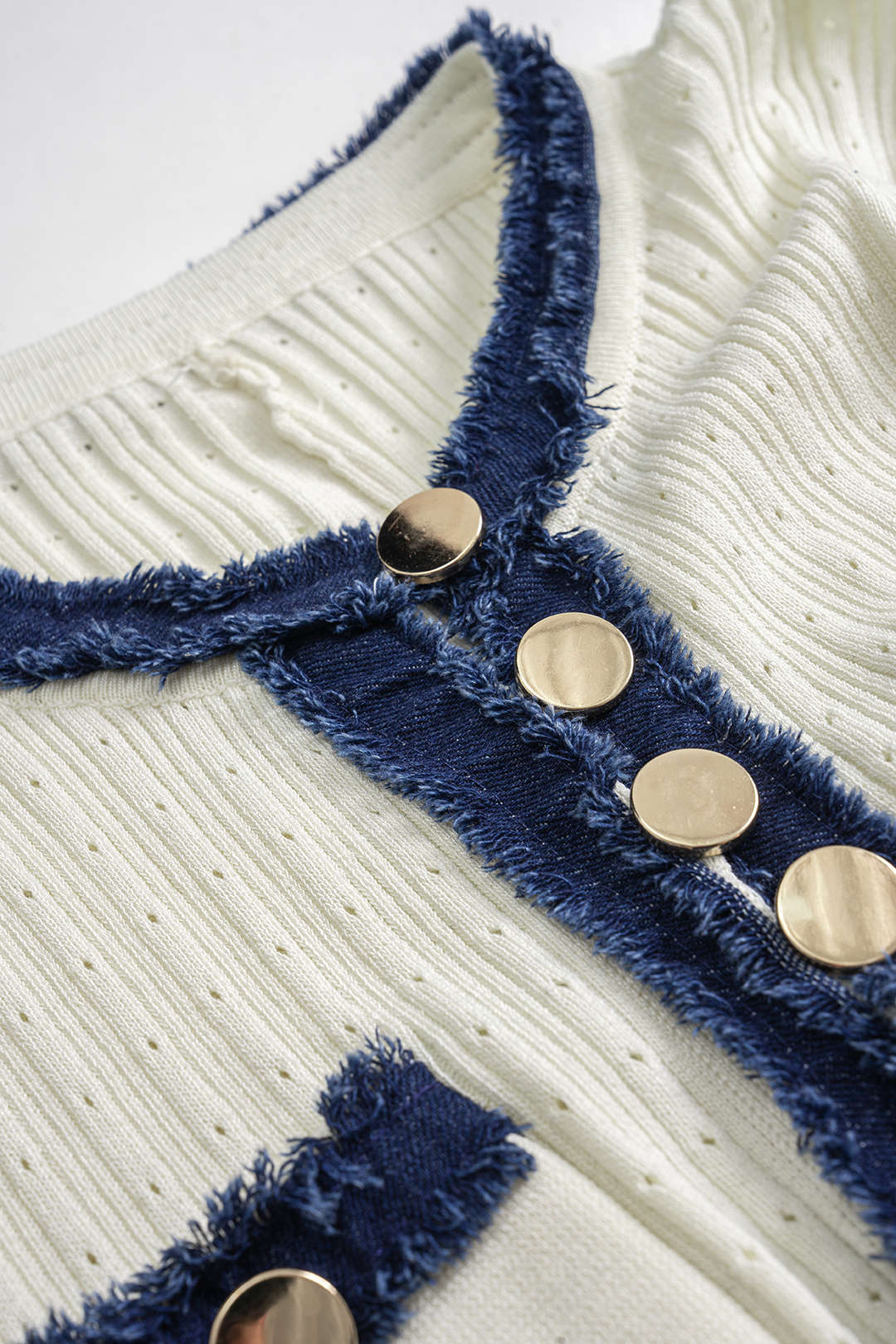 Knit Button Patchwork Denim Frayed Long Sleeve Dress