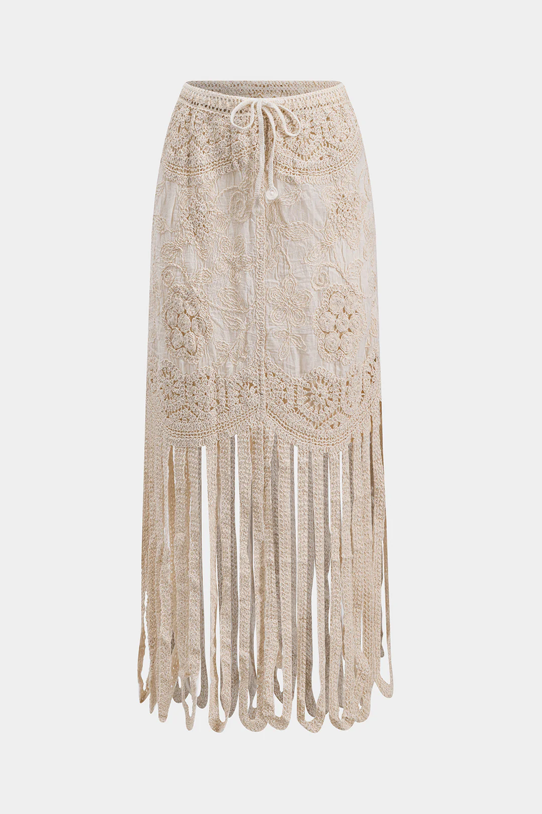 Lace Button Cut-Out Long Sleeve Top and Fringe Tie-Front Skirt Set