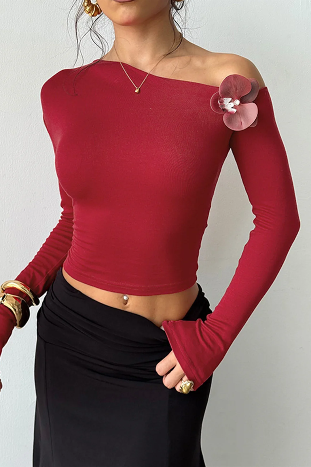 3D Floral Decor Slant Shoulder Long-Sleeve Top