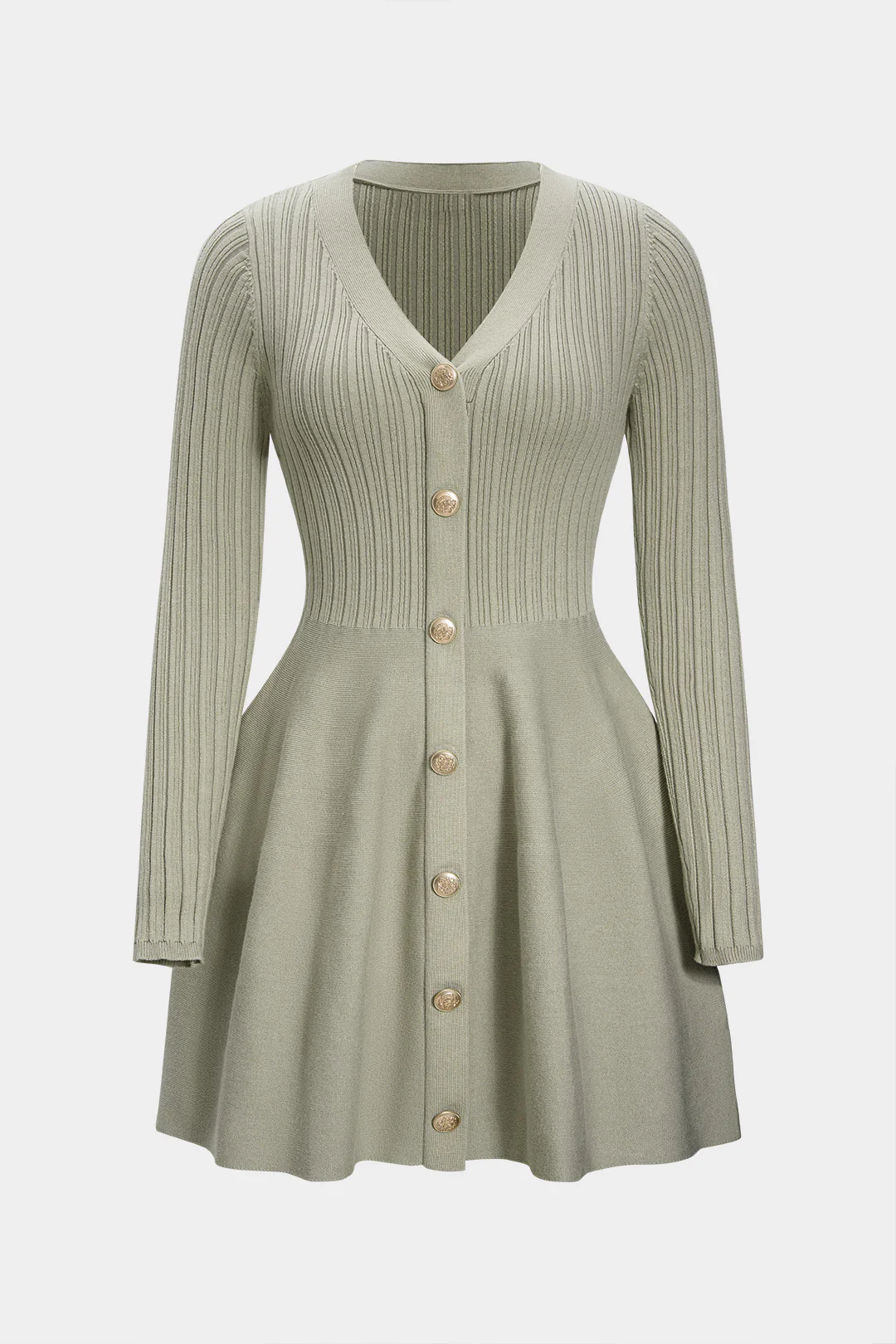 Knit V-Neck Ribbed Long Sleeve Dress