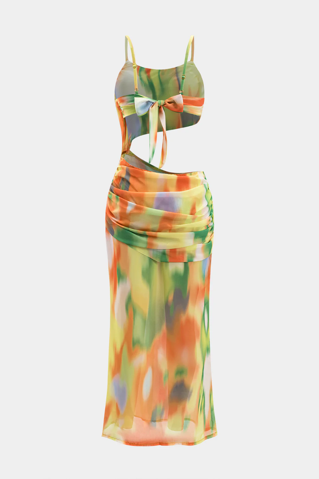 Ombre Print Chiffon Ruched Cut Out Tie Back Backless Slip Maxi Dress