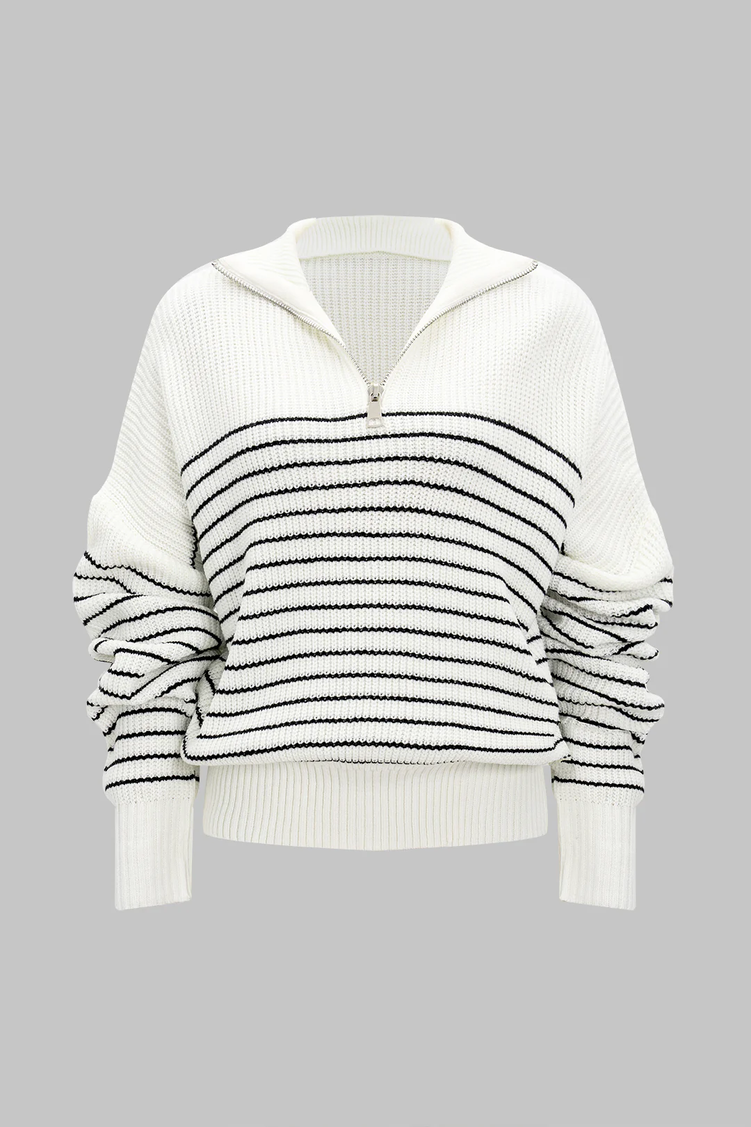 Knit Stripes Print Zipper Long-Sleeve Top