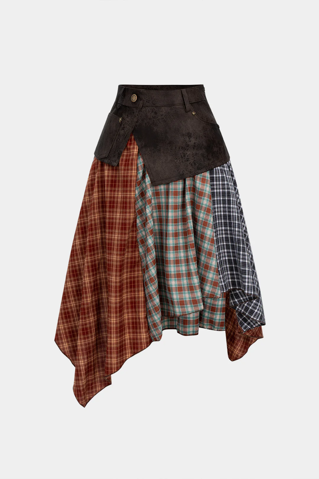 Plaid Contrast Print Faux Leather Patchwork Asymmetrical Hem Skirt