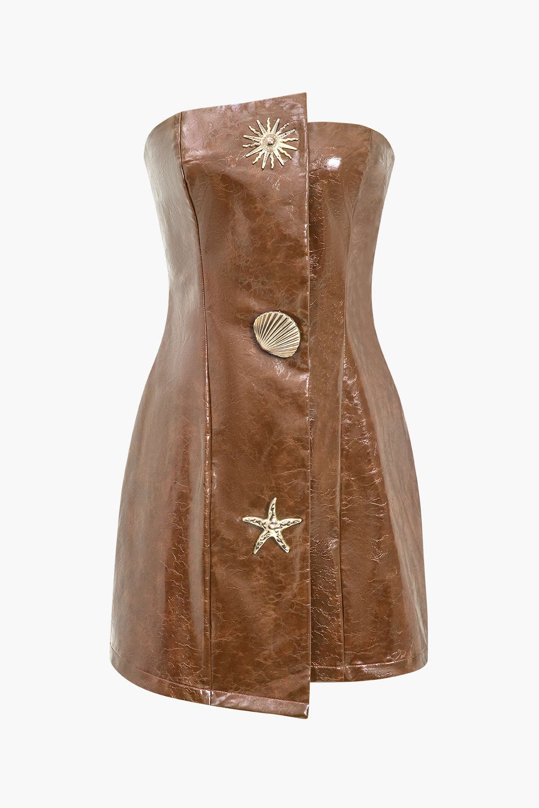 Faux Leather Strapless Mini Dress with Decorative Shells