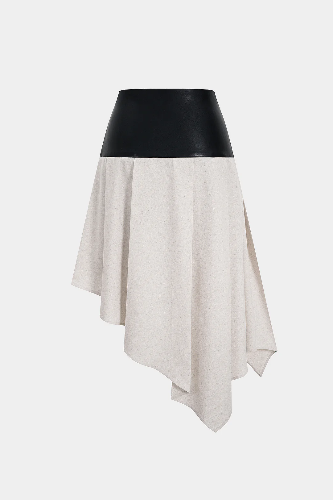 Faux Leather and Linen Patchwork Metallic Pleated High-Waist Skirt