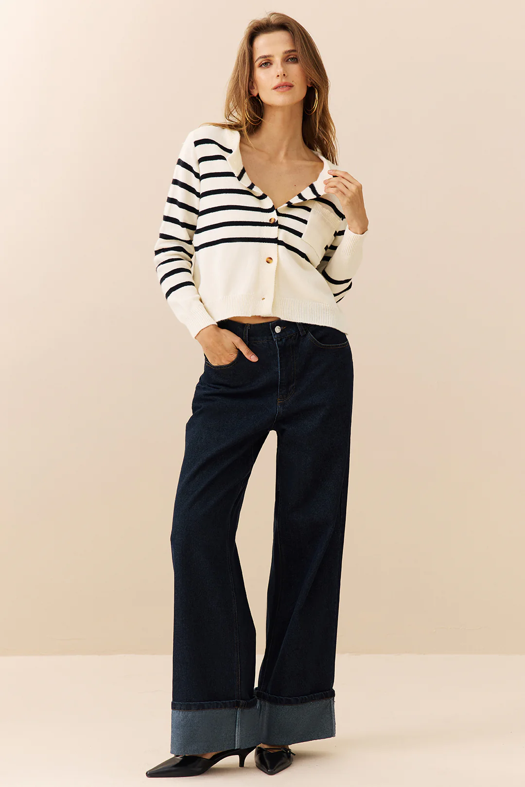 Knit Contrasting Striped Buttoned Cardigan