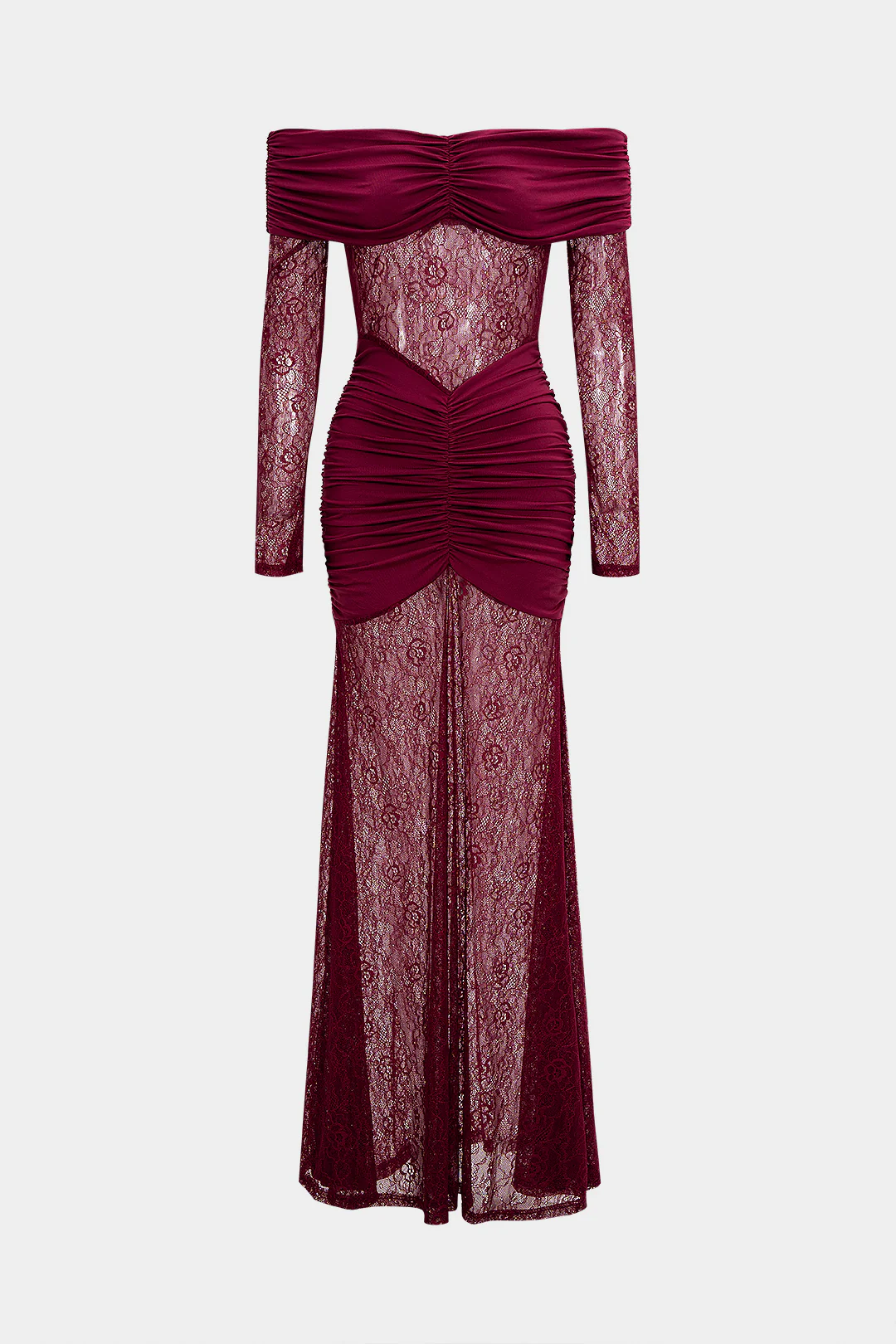 Off-the-Shoulder Patchwork Ruched Long-Sleeve Maxi Dress