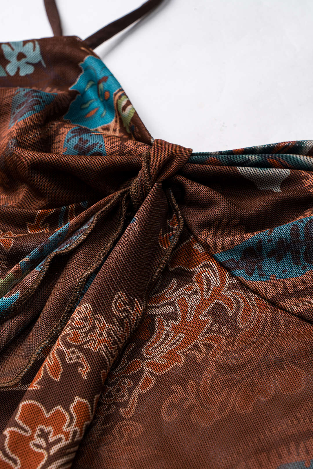 Contrasting Retro Pattern Mesh Tie-Knot Slip Cami Top