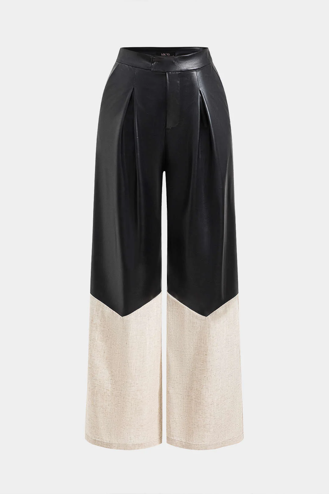 Faux Leather Linen High Waist Patchwork Trousers