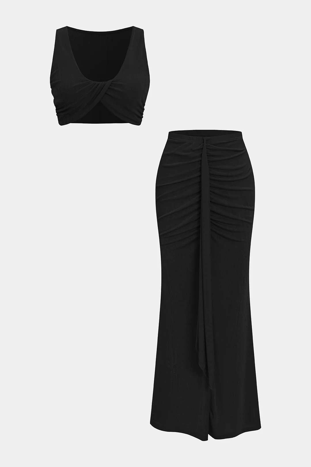 Ruched Twist Knot Tank Top And Ruched Slit Skirt Set