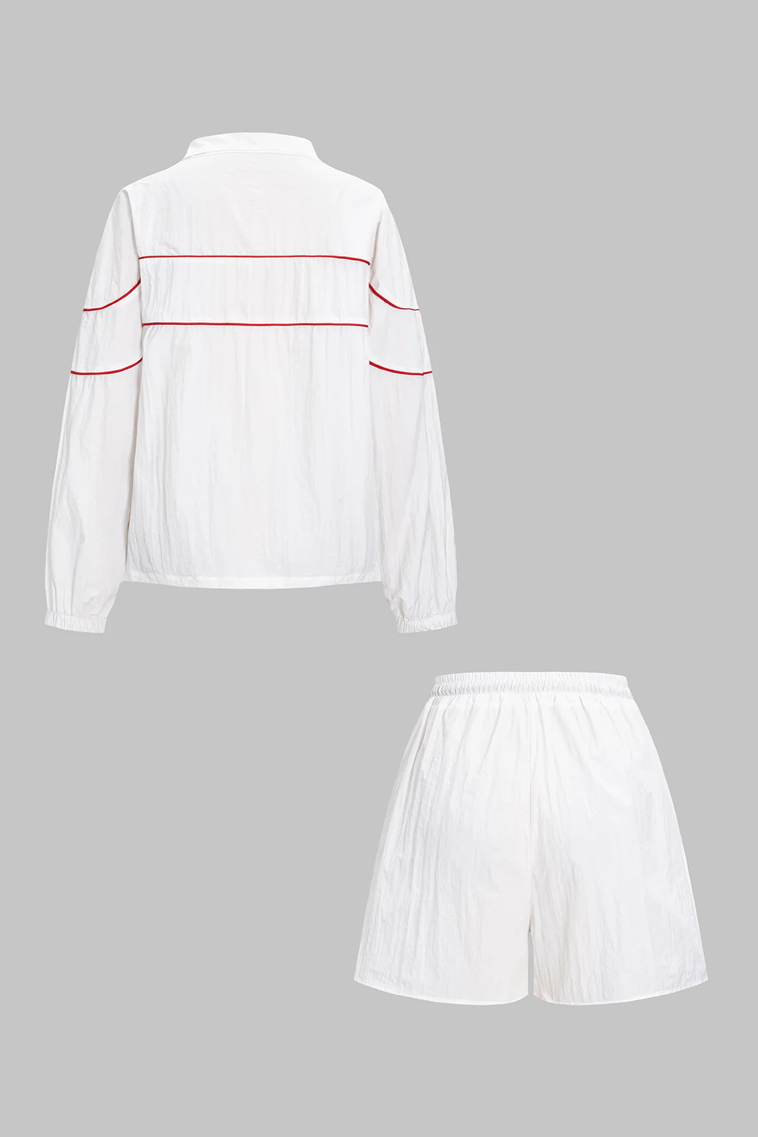 Contrast Binding Zipper Long-Sleeve Top And Tie-Up Wide Leg Shorts Set