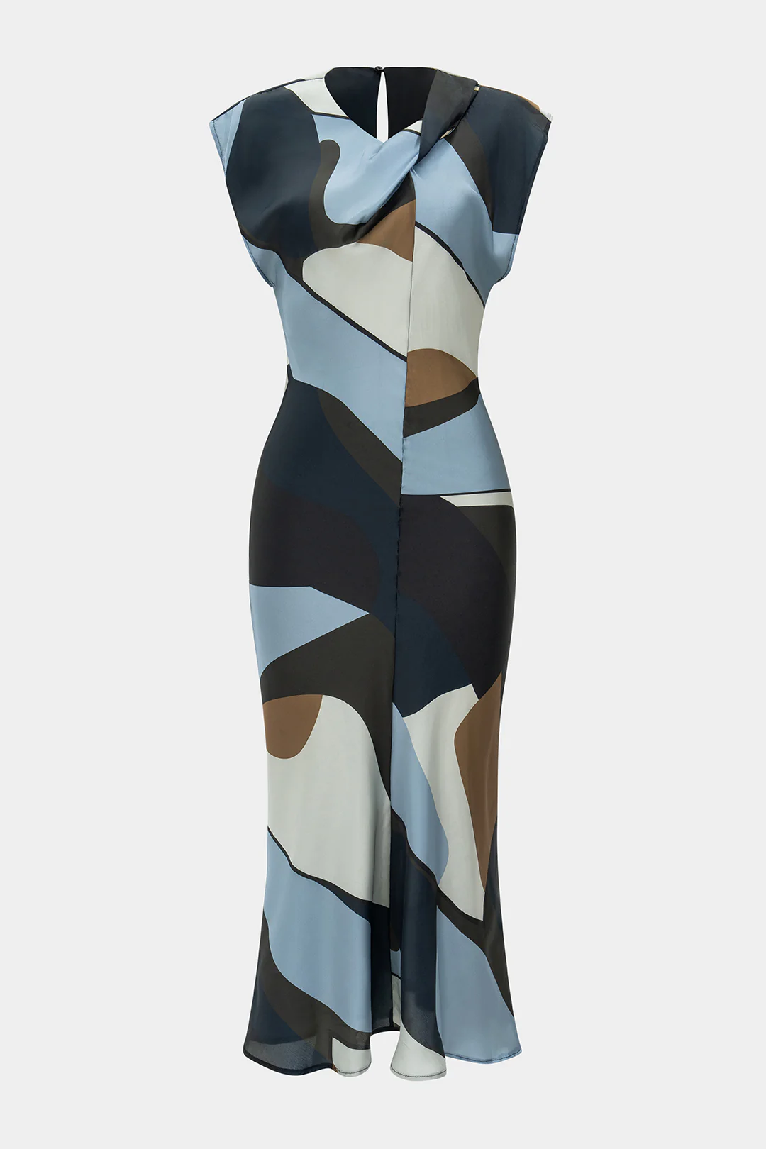 Abstract Geometric Print Satin Hollow Out Sleeveless Maxi Dress