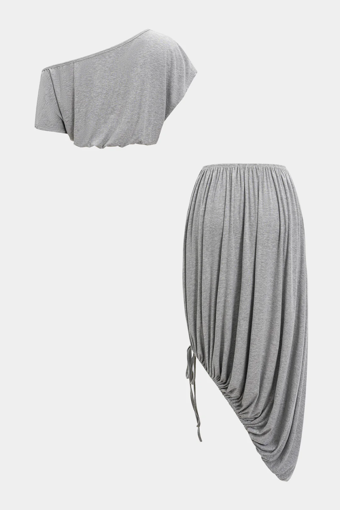 Ruched Asymmetric Neck Short Sleeve Top and Drawstring Skirt Set