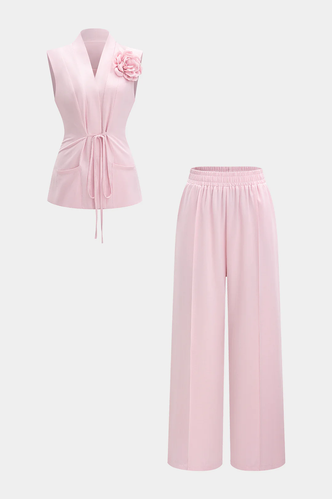 3D Floral Tie-Up V-Neck Tank Top And Trousers Set