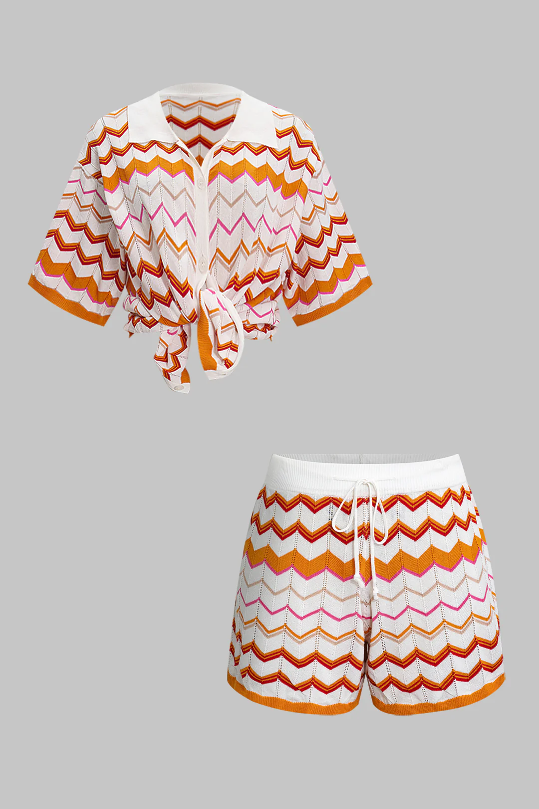 Contrasting Knit Top and Drawstring Shorts Set