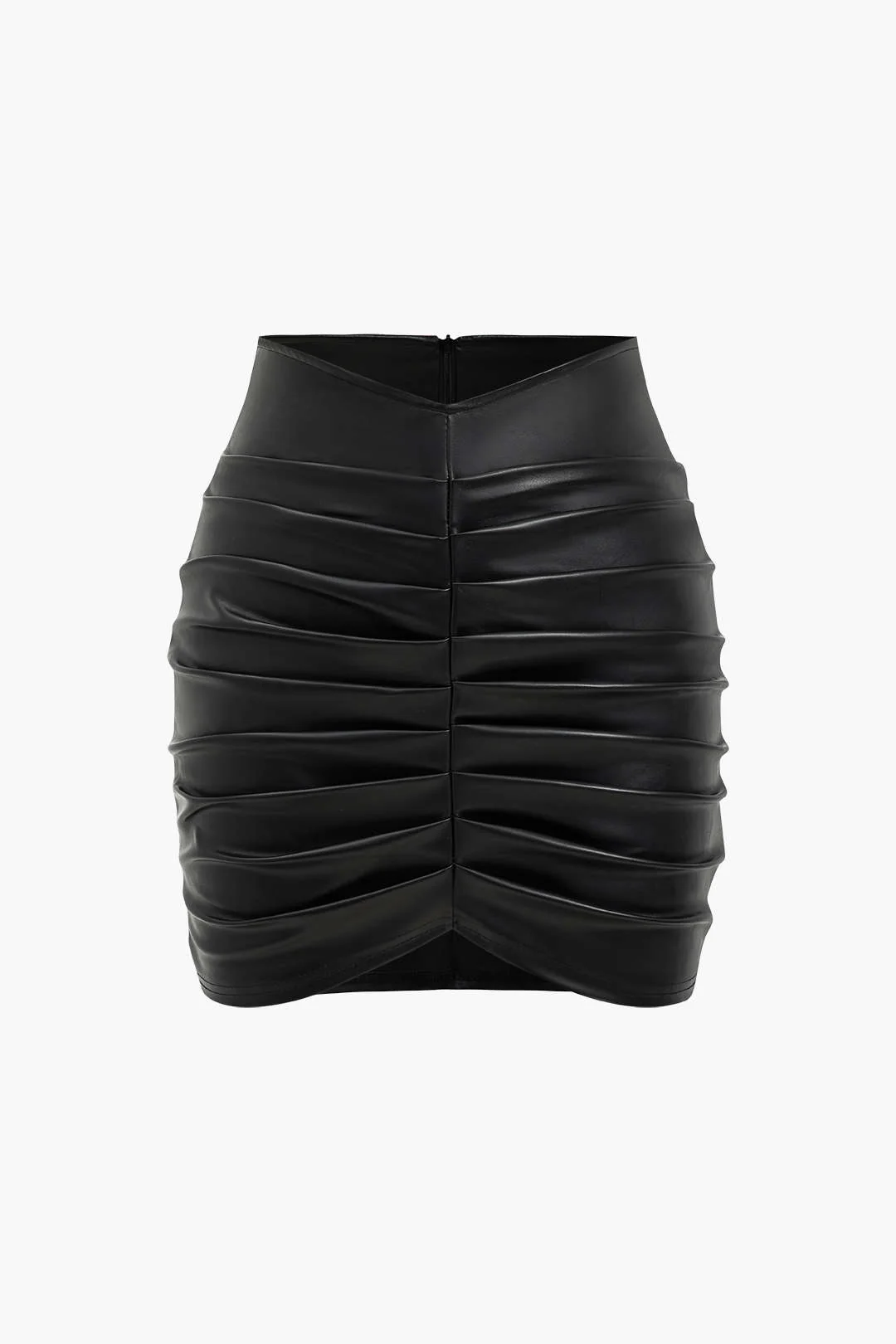Solid Artificial Leather Ruched Skirt