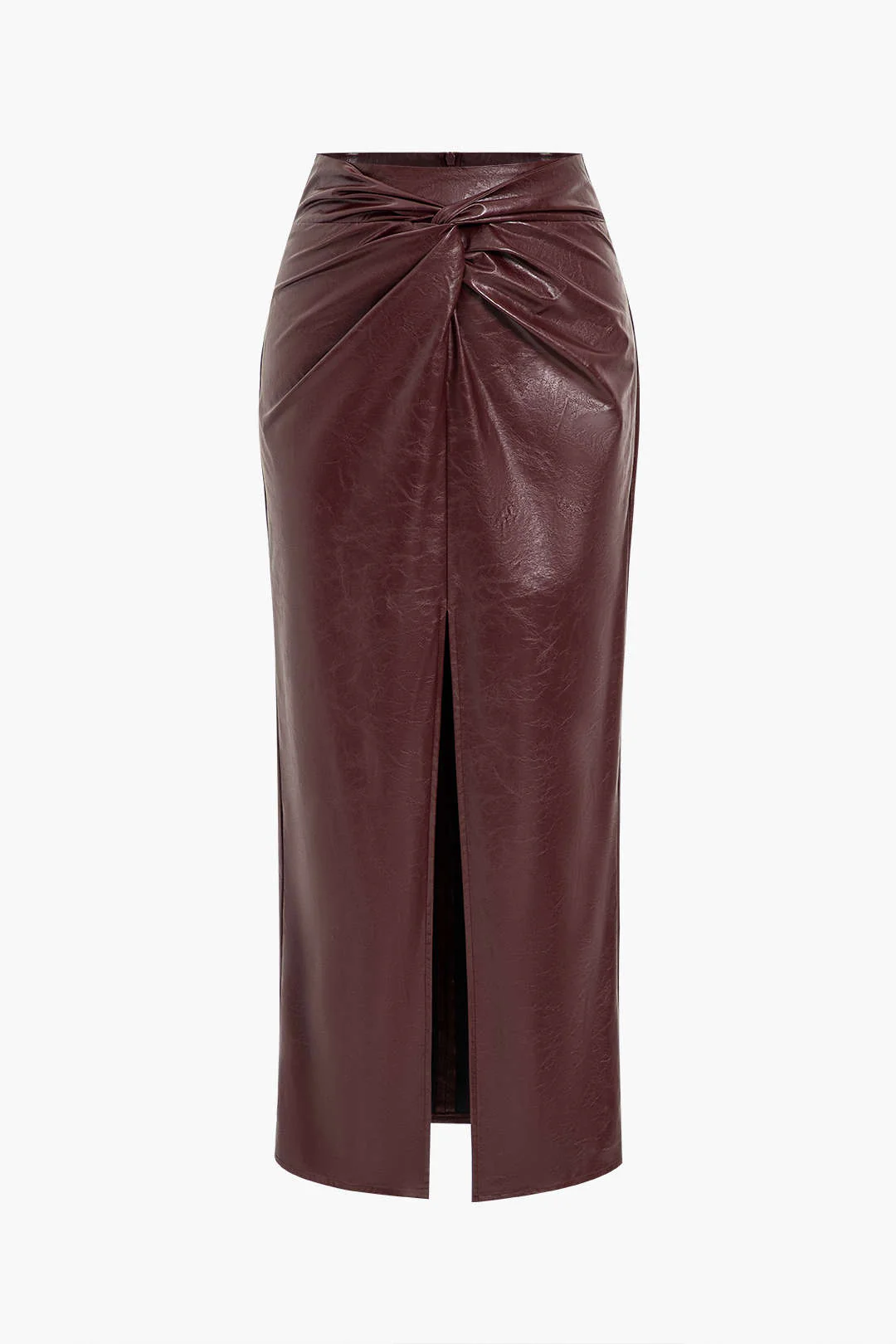 Faux Leather Twisted Slit Skirt