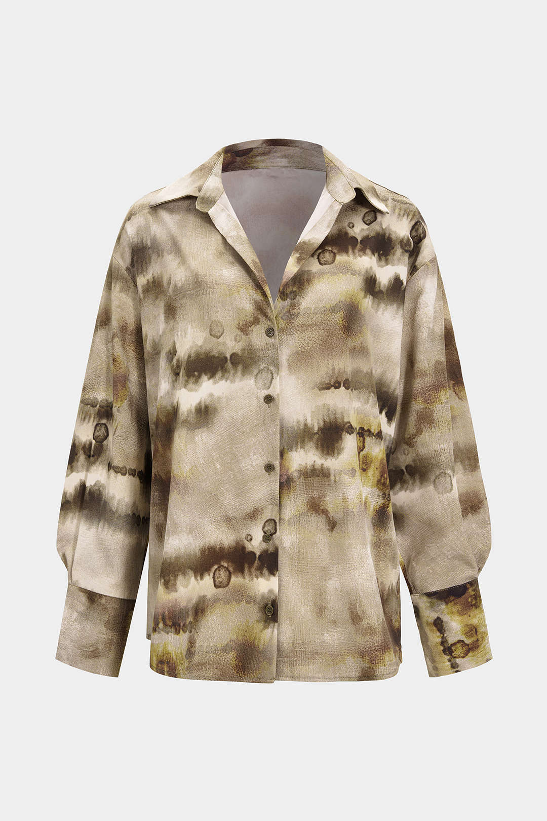 Tie Dye Print Satin Button Long-Sleeve Top