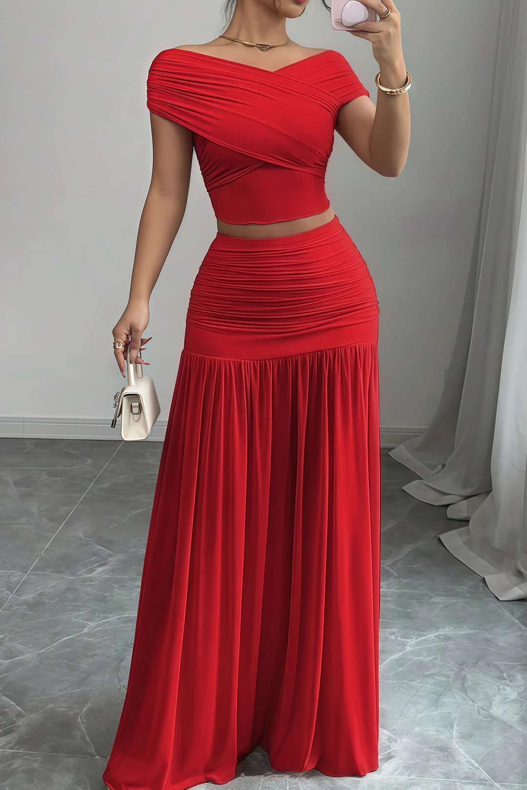 Ruched Patchwork Top and Skirt Outfit Set