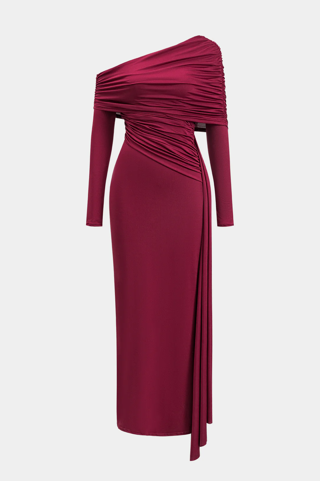 Ruched Asymmetrical Neck Long Sleeve Slit Maxi Dress