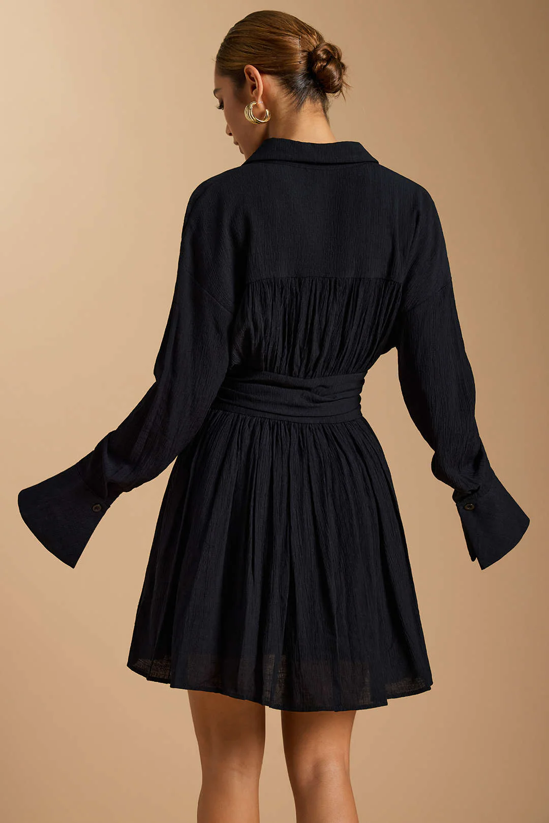 Button-Ruched Long-Sleeve Mini Dress