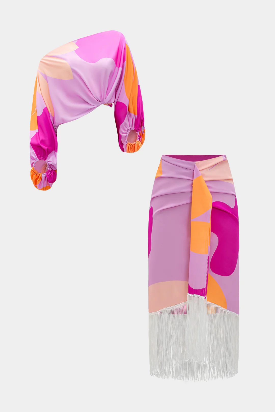 Abstract Print Ruched Asymmetric One-Shoulder Long Sleeve Top and Fringe Skirt Set