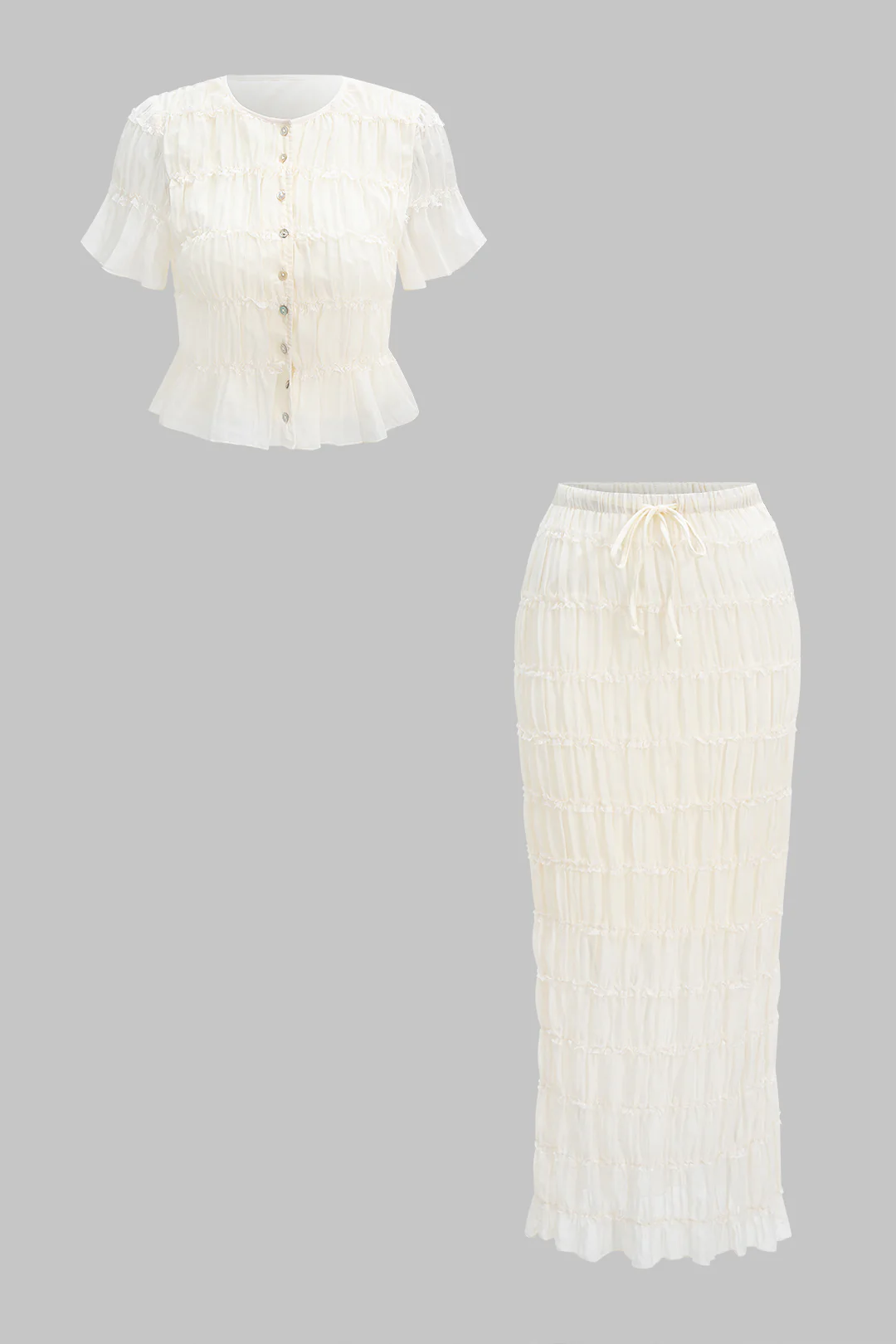 Chiffon Scallop Edge Short Sleeve Top And Tie-Up Skirt Set