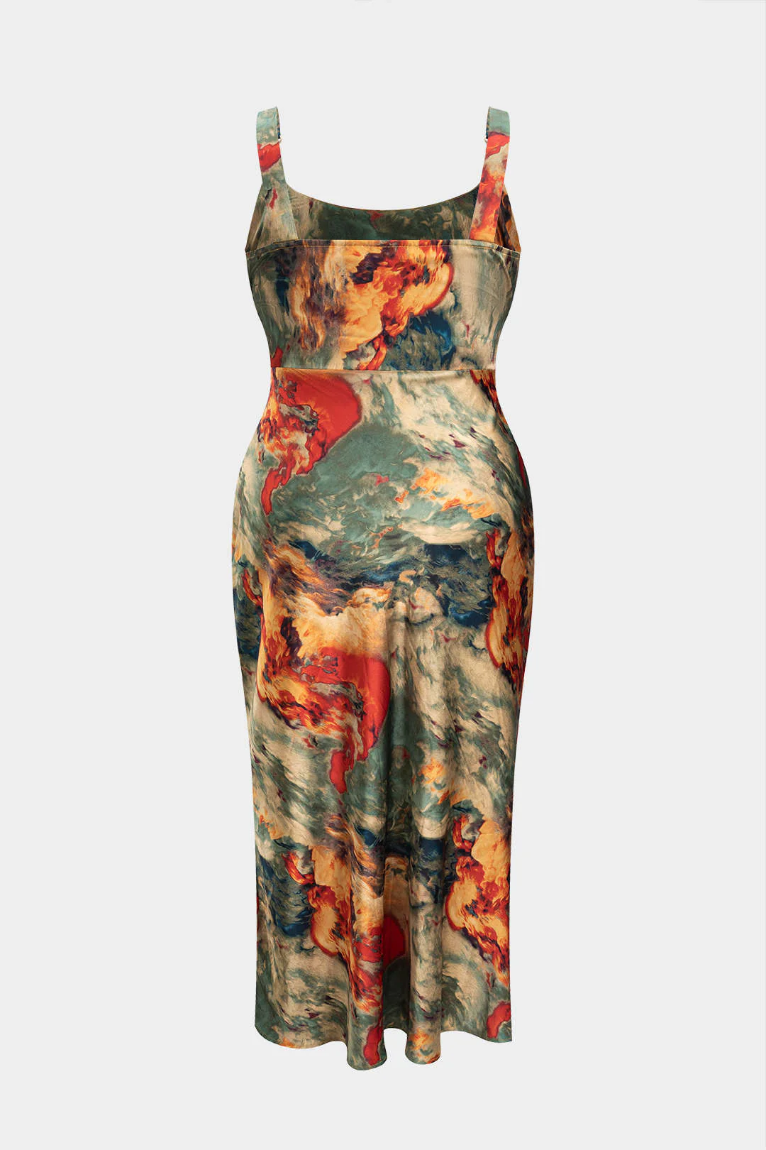 Plus Size Satin Abstract Pattern Draped Cowl Neck Slip Sleeveless Slit Midi Dress